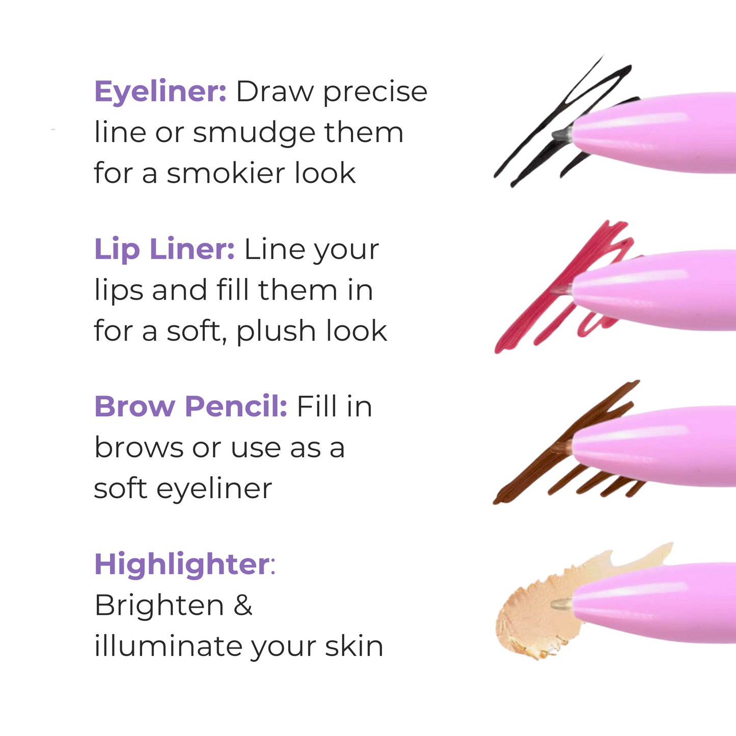 pink 4 in 1 Makeup Pen with features being displayed in text