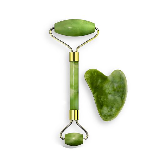 A green jade facial roller with a dual-wheel design and a matching gua sha tool.